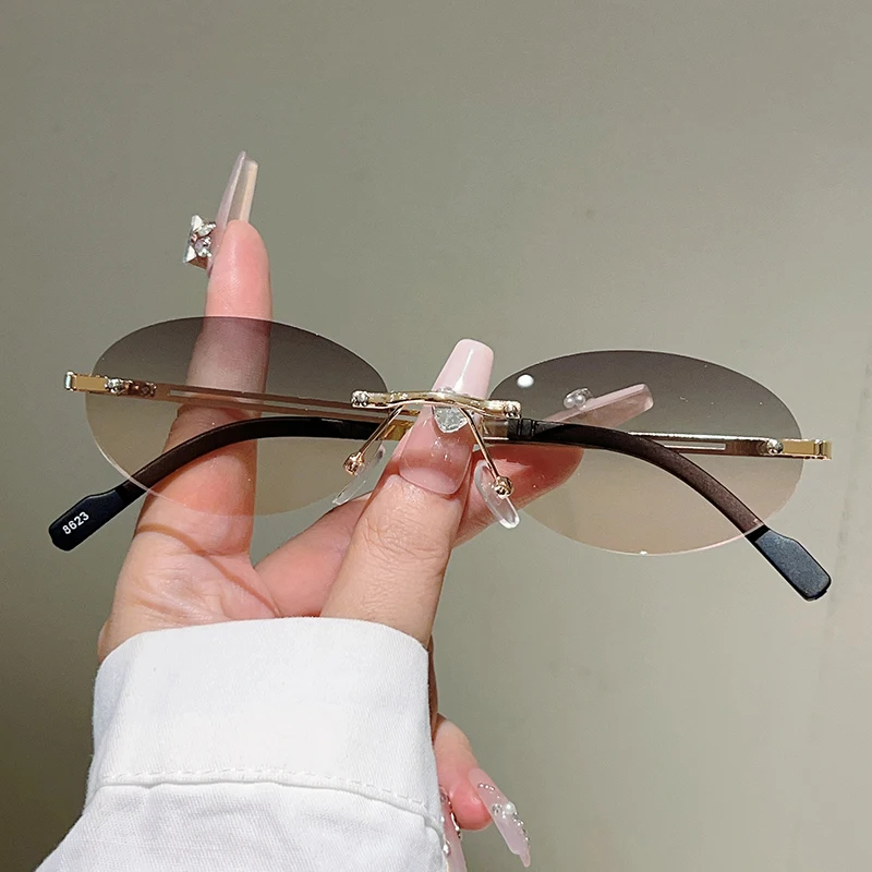 Designer Sunglasses - Kacamata Hitam Oval Tanpa Bingkai Wanita
